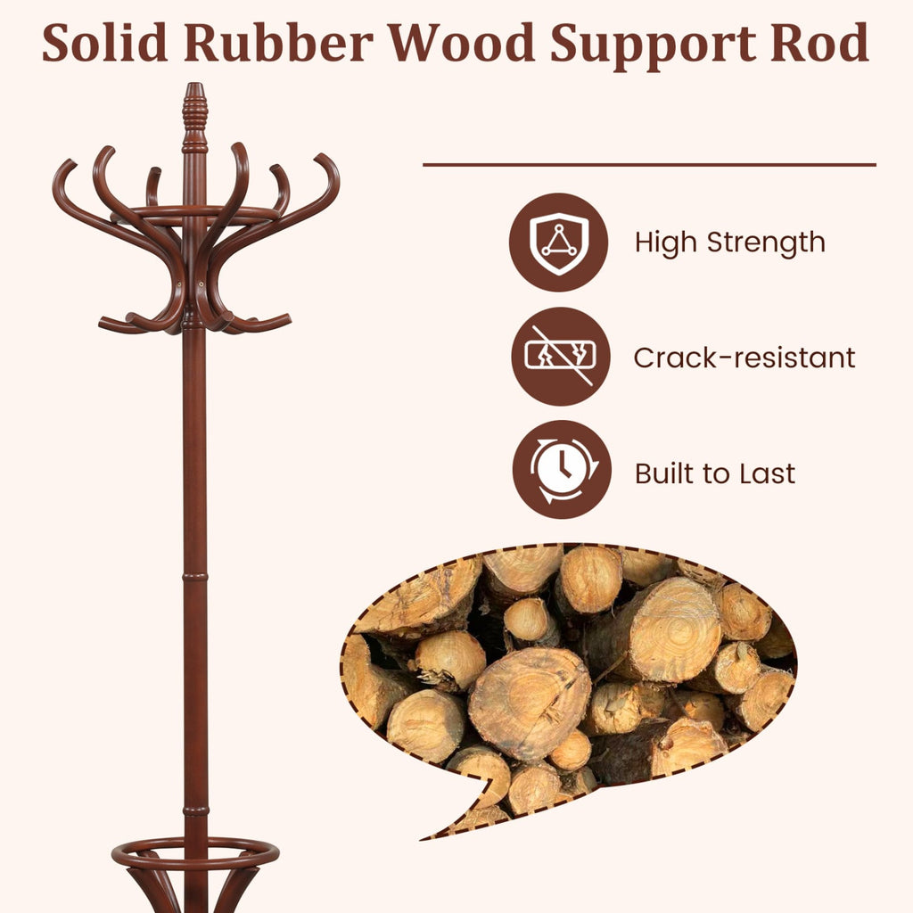 Wood Standing Hat Coat Rack with Umbrella Stand-Brown