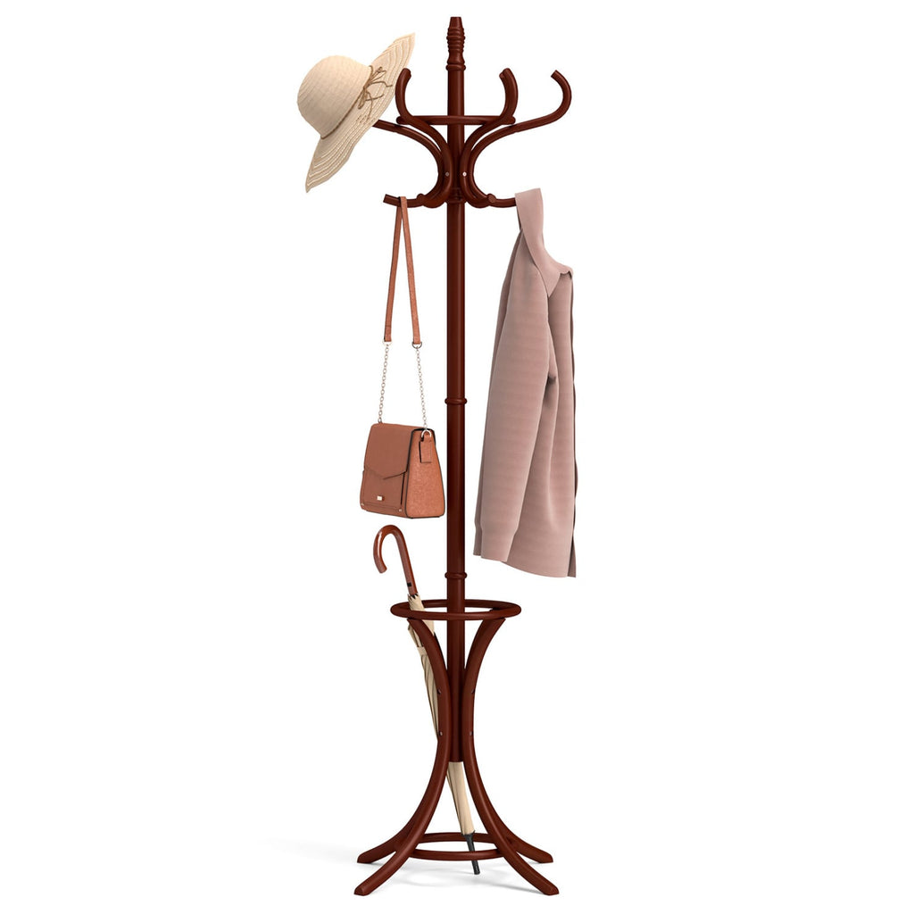 Wood Standing Hat Coat Rack with Umbrella Stand-Brown