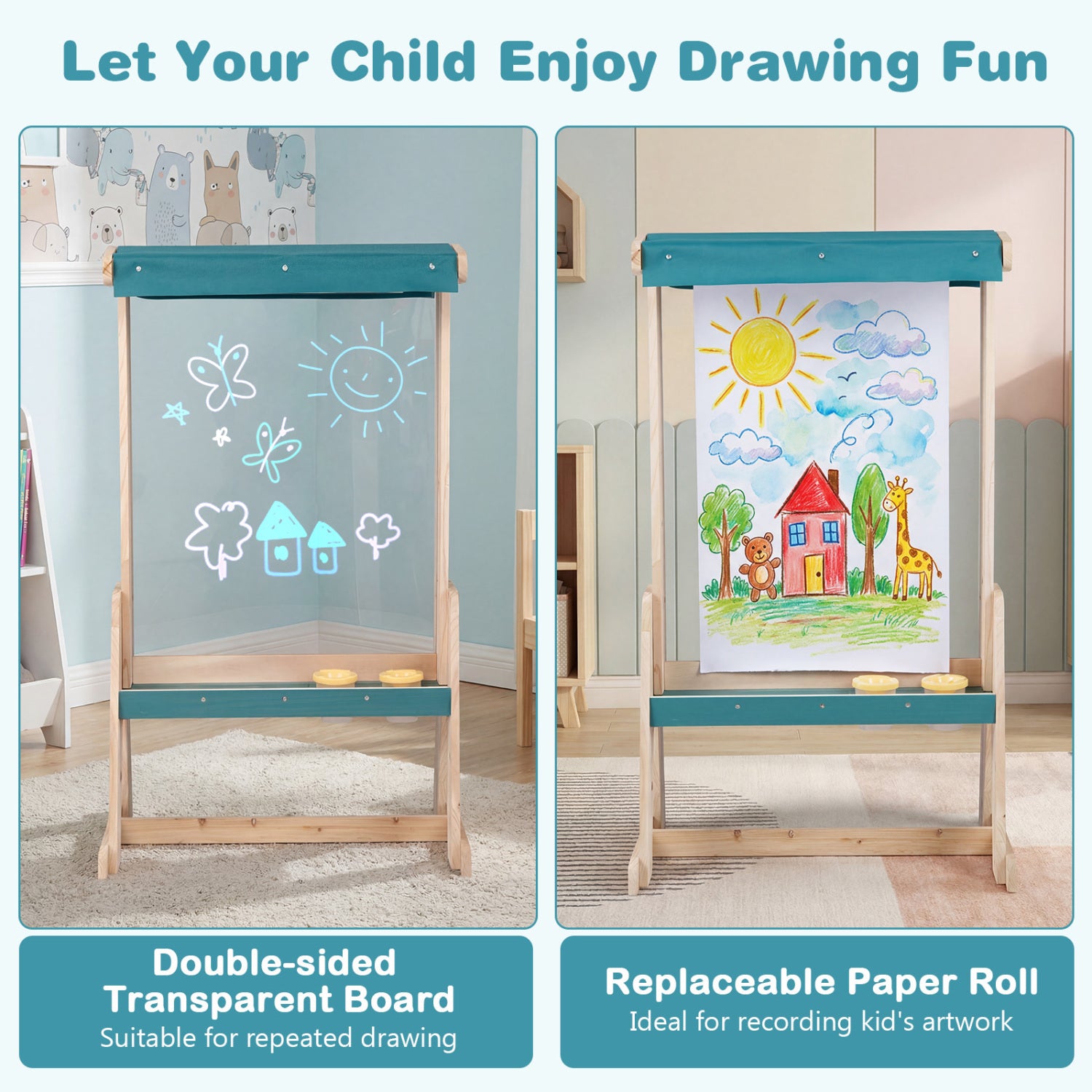 Wooden Art Easel for Kids with Transparent Board and Paper Roll-Natural