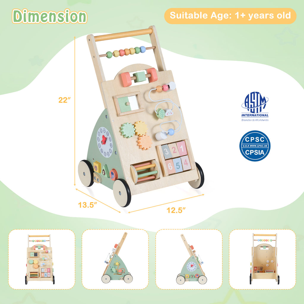 Wooden Baby Walker with Wheels and Storage Basket
