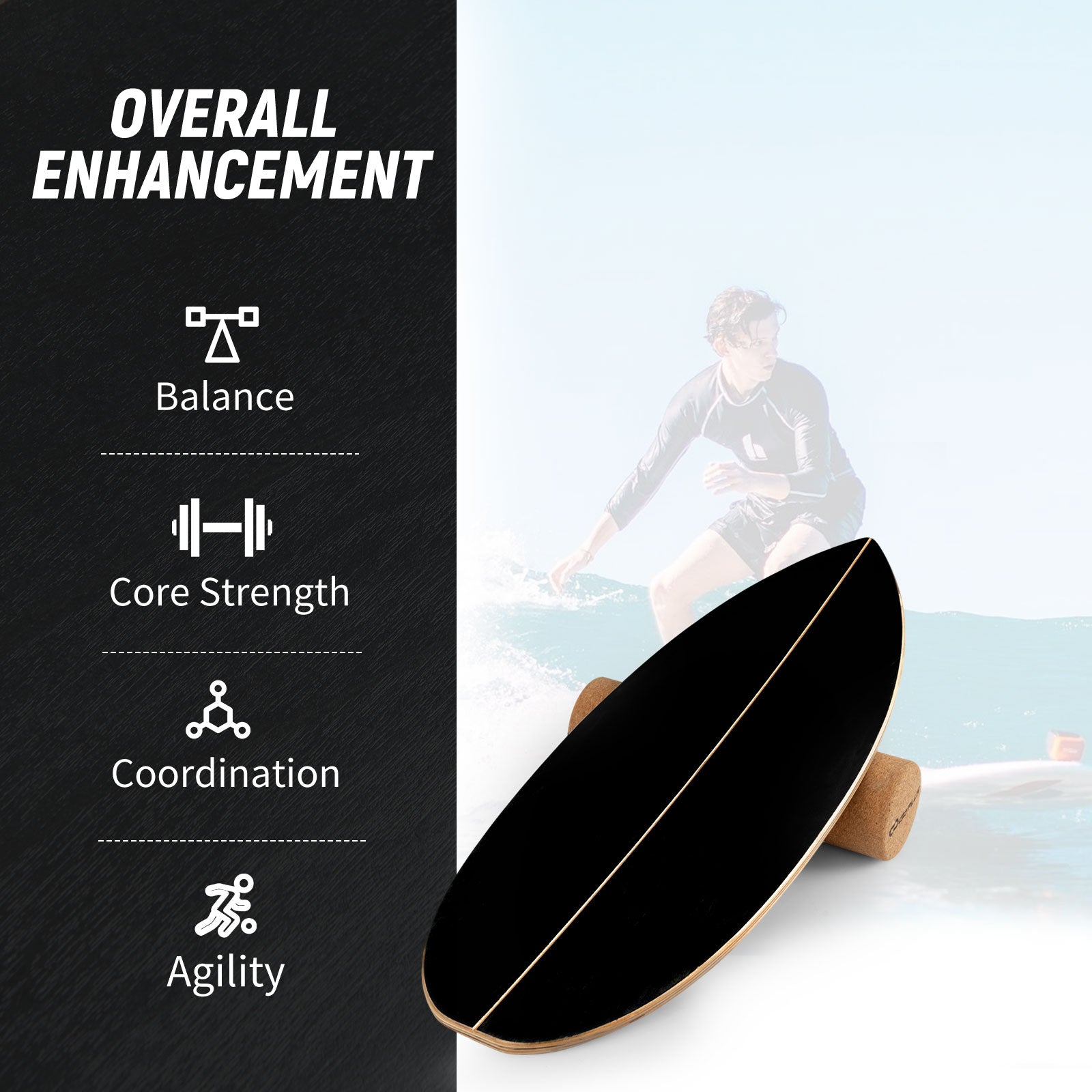 Wooden Balancing Board with Cork Roller and Storage Rack to Exercise-Black