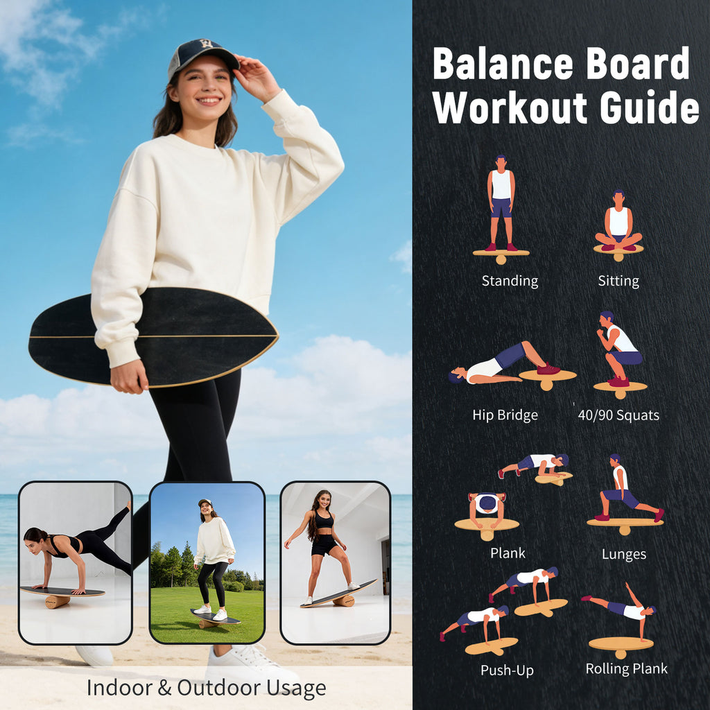 Wooden Balancing Board with Cork Roller and Storage Rack to Exercise-Black
