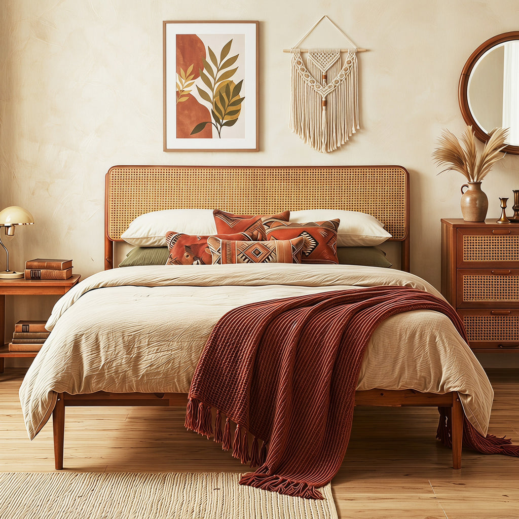 Wooden Boho Rattan Brown Bed Frame with Wooden Slat Support-Queen Size
