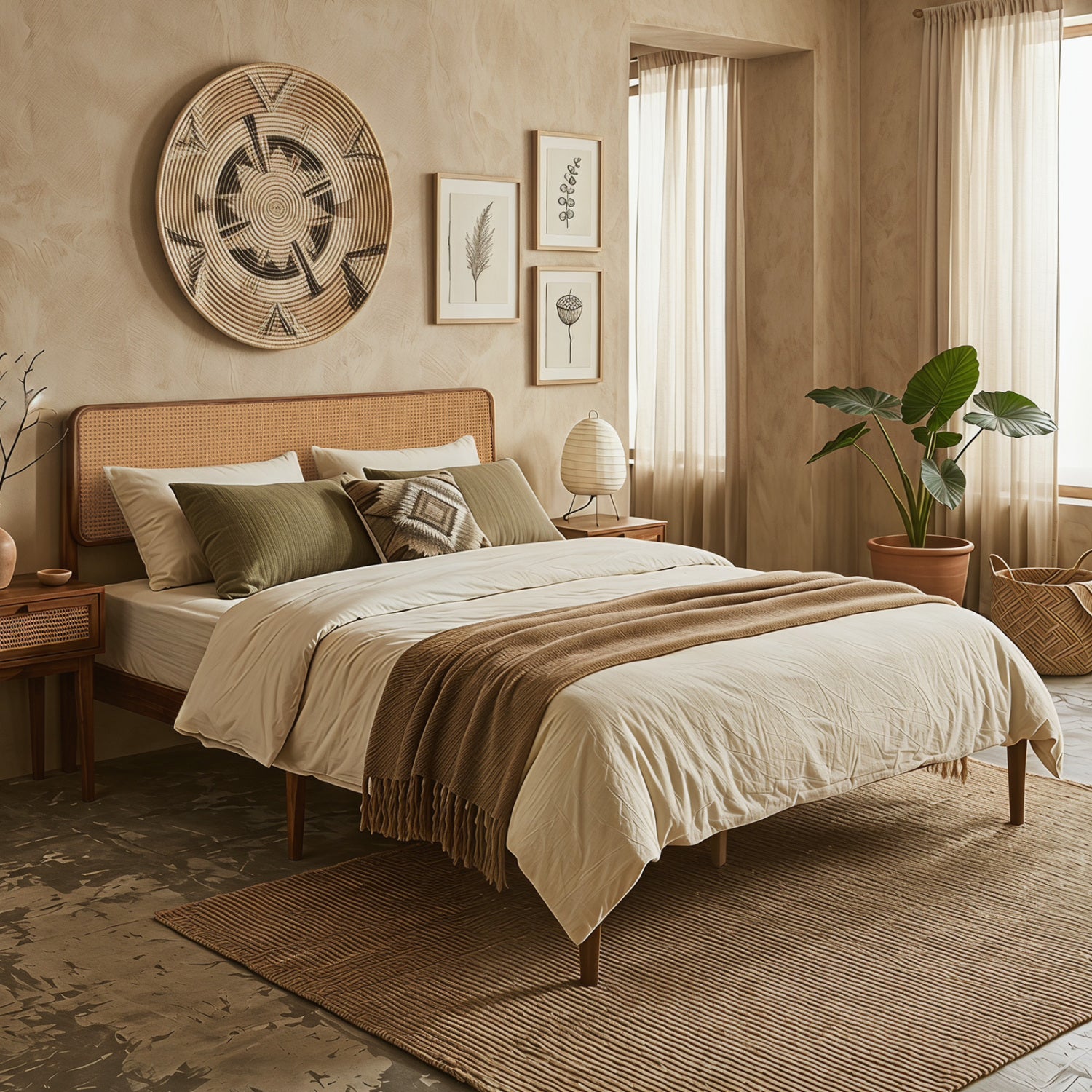 Wooden Boho Rattan Brown Bed Frame with Wooden Slat Support-Queen Size