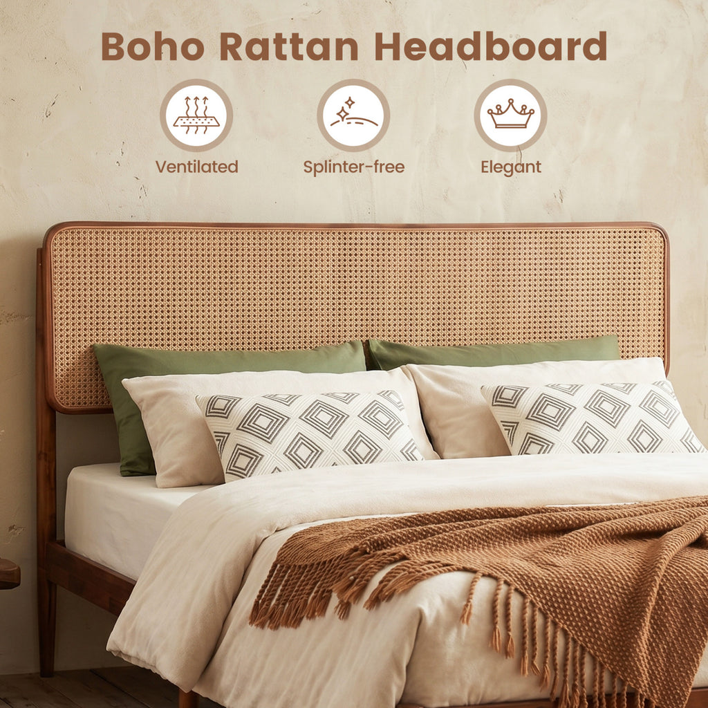 Wooden Boho Rattan Brown Bed Frame with Wooden Slat Support-Queen Size