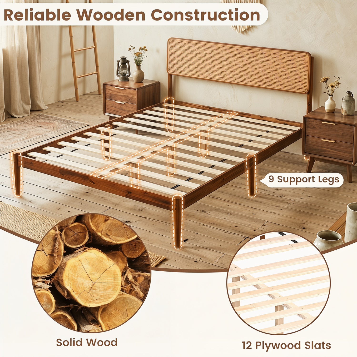 Wooden Boho Rattan Brown Bed Frame with Wooden Slat Support-Queen Size