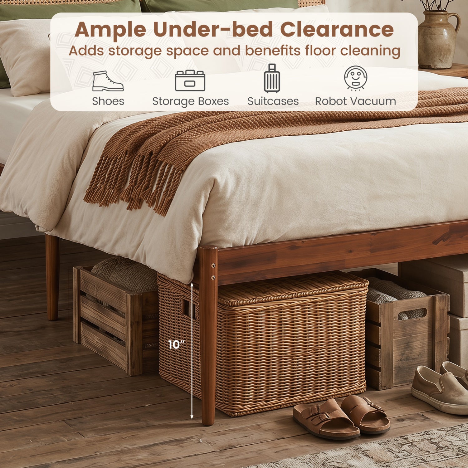 Wooden Boho Rattan Brown Bed Frame with Wooden Slat Support-Queen Size