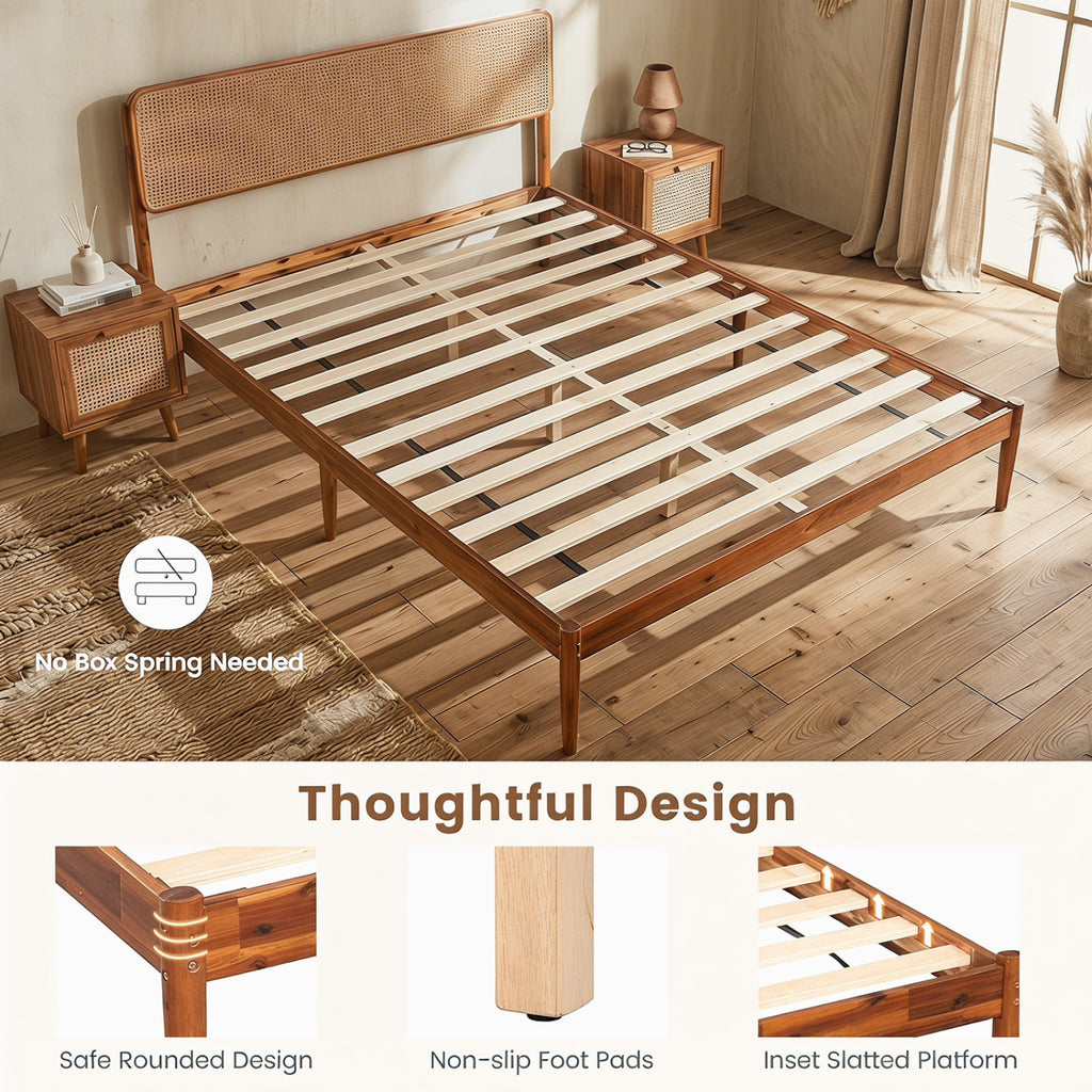 Wooden Boho Rattan Brown Bed Frame with Wooden Slat Support-Queen Size