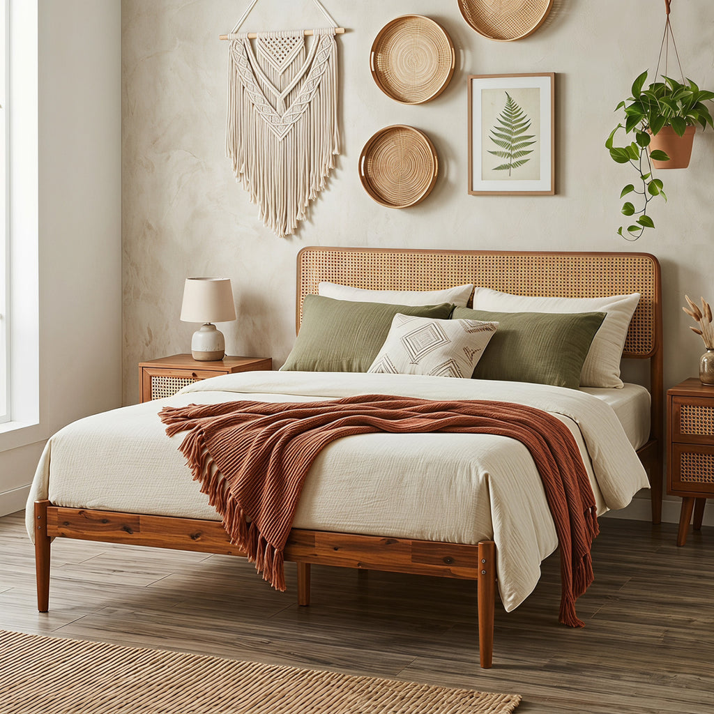 Wooden Boho Rattan Brown Bed Frame with Wooden Slat Support-Full