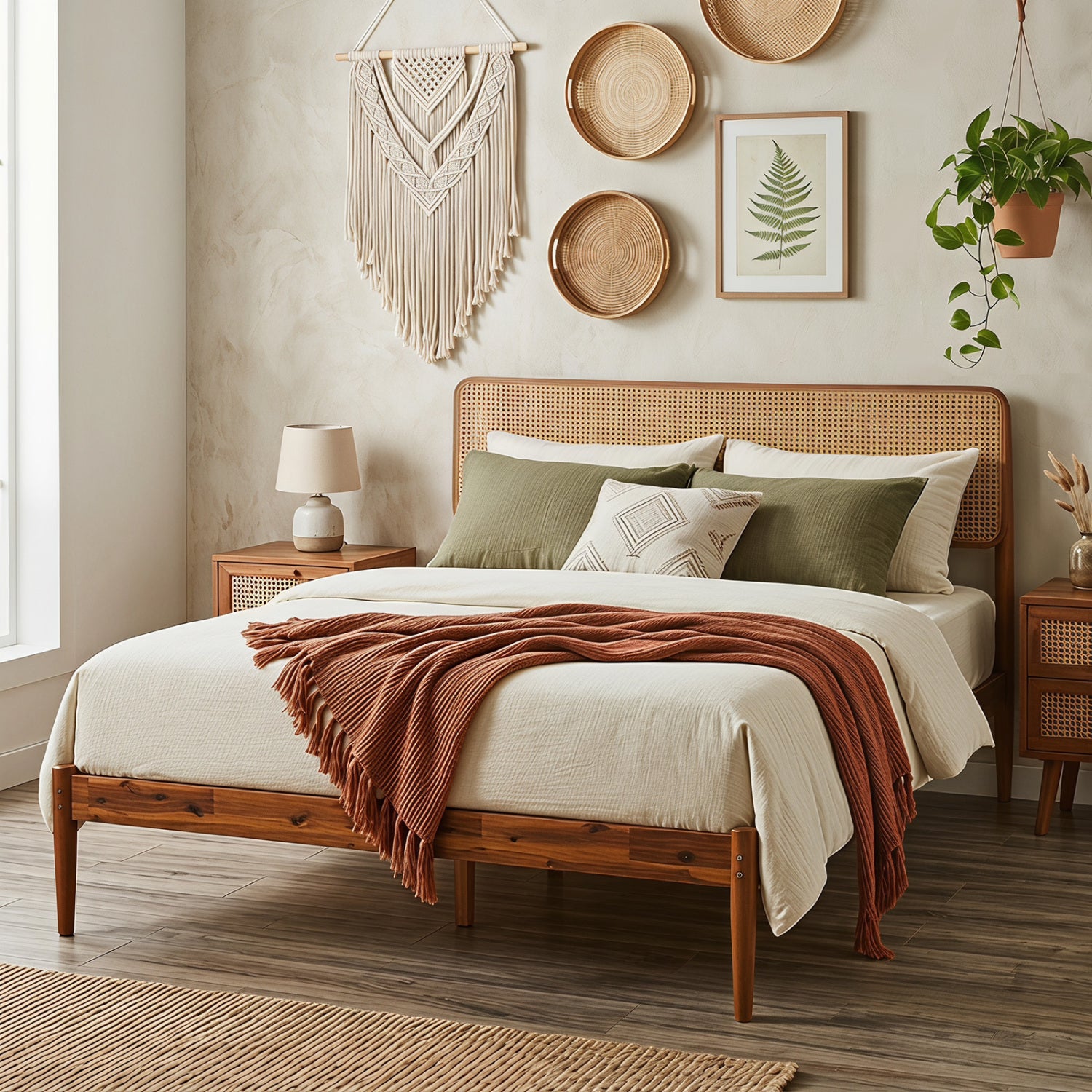 Wooden Boho Rattan Brown Bed Frame with Wooden Slat Support-Full