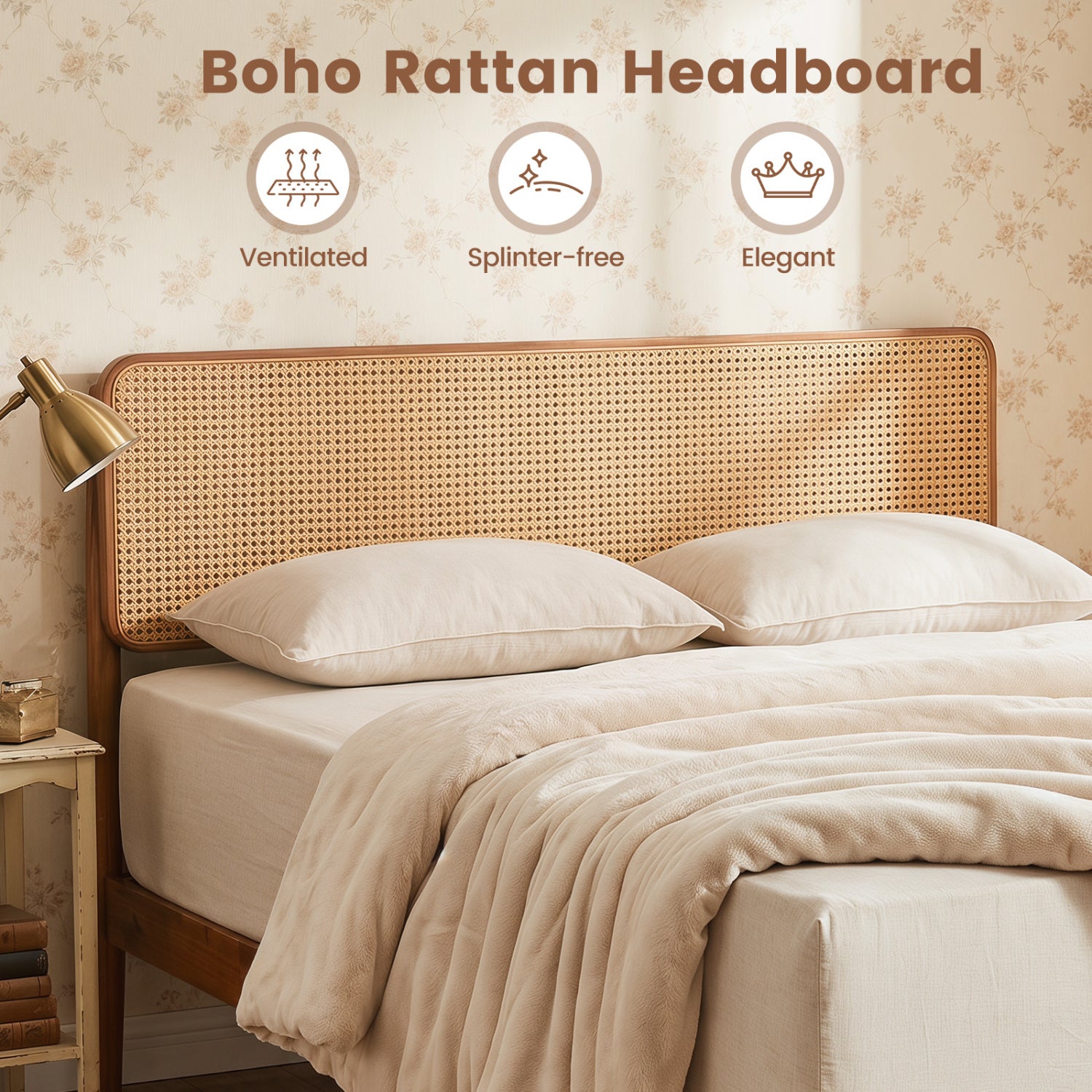 Wooden Boho Rattan Brown Bed Frame with Wooden Slat Support-Full