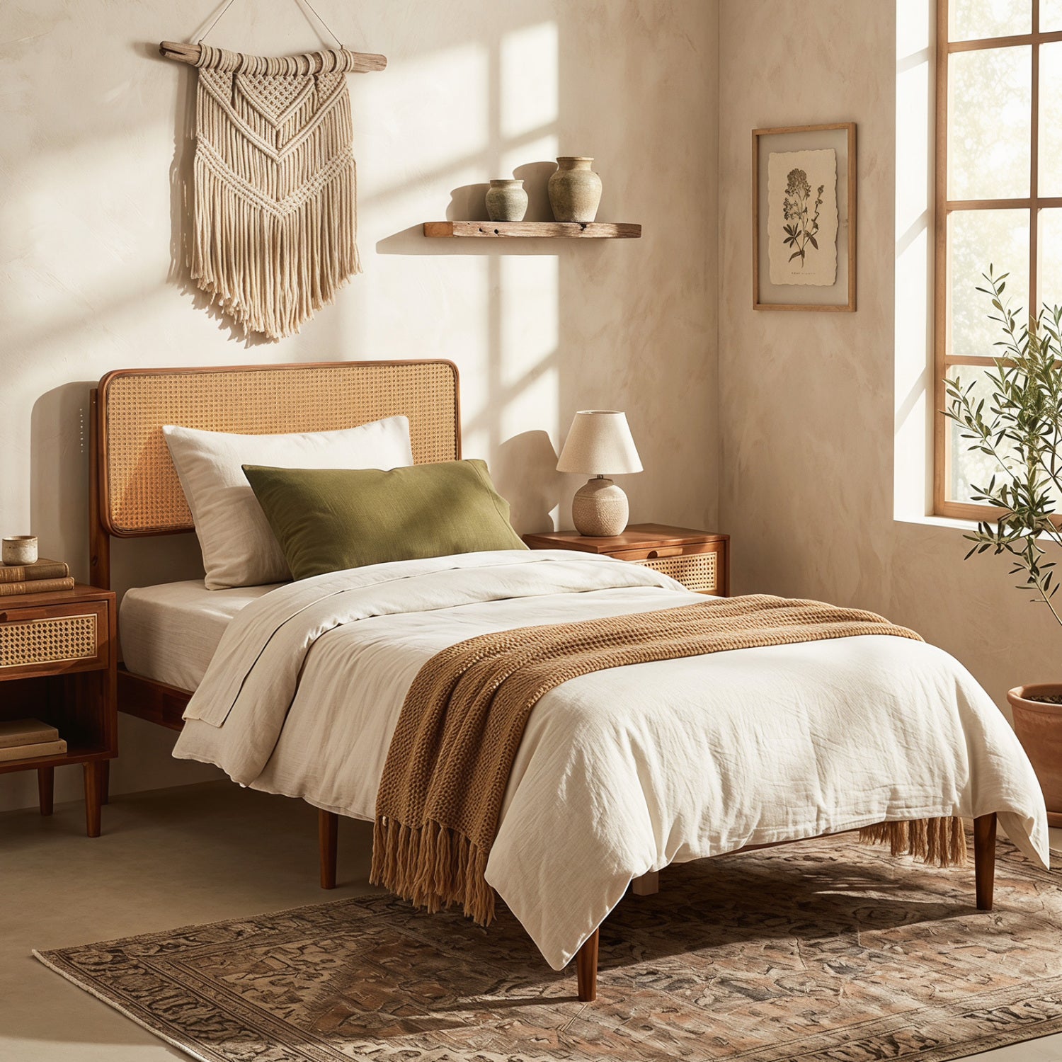 Wooden Boho Rattan Brown Bed Frame with Wooden Slat Support-Twin