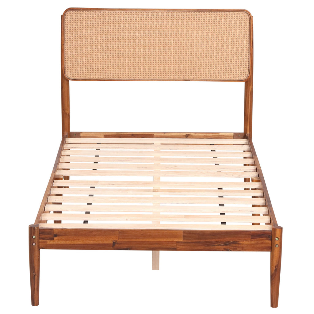 Wooden Boho Rattan Brown Bed Frame with Wooden Slat Support-Twin