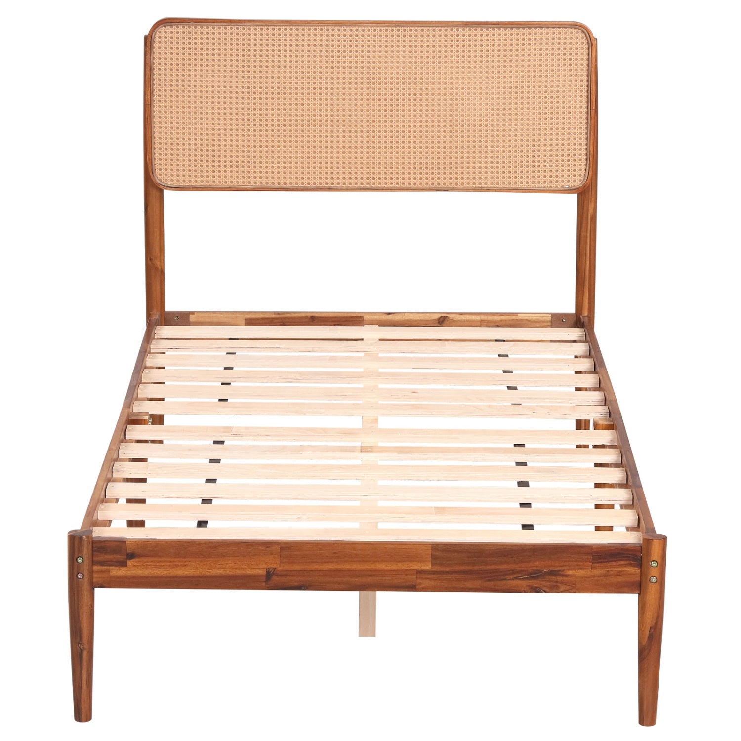 Wooden Boho Rattan Brown Bed Frame with Wooden Slat Support-Twin