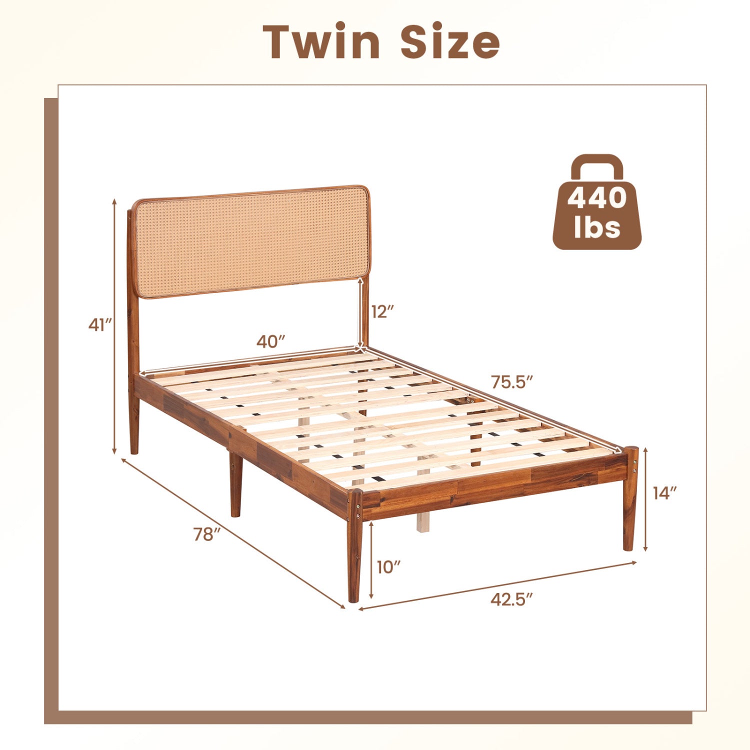 Wooden Boho Rattan Brown Bed Frame with Wooden Slat Support-Twin