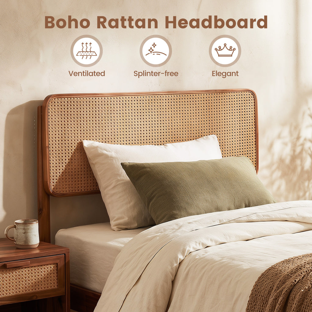 Wooden Boho Rattan Brown Bed Frame with Wooden Slat Support-Twin