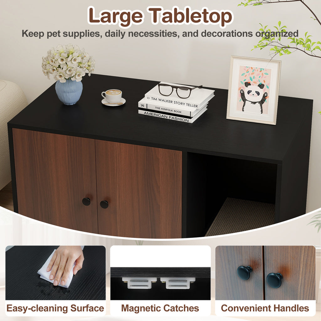 Wooden Cat Litter Box Enclosure Hidden Litter Box Furniture with Scratching Board-Black
