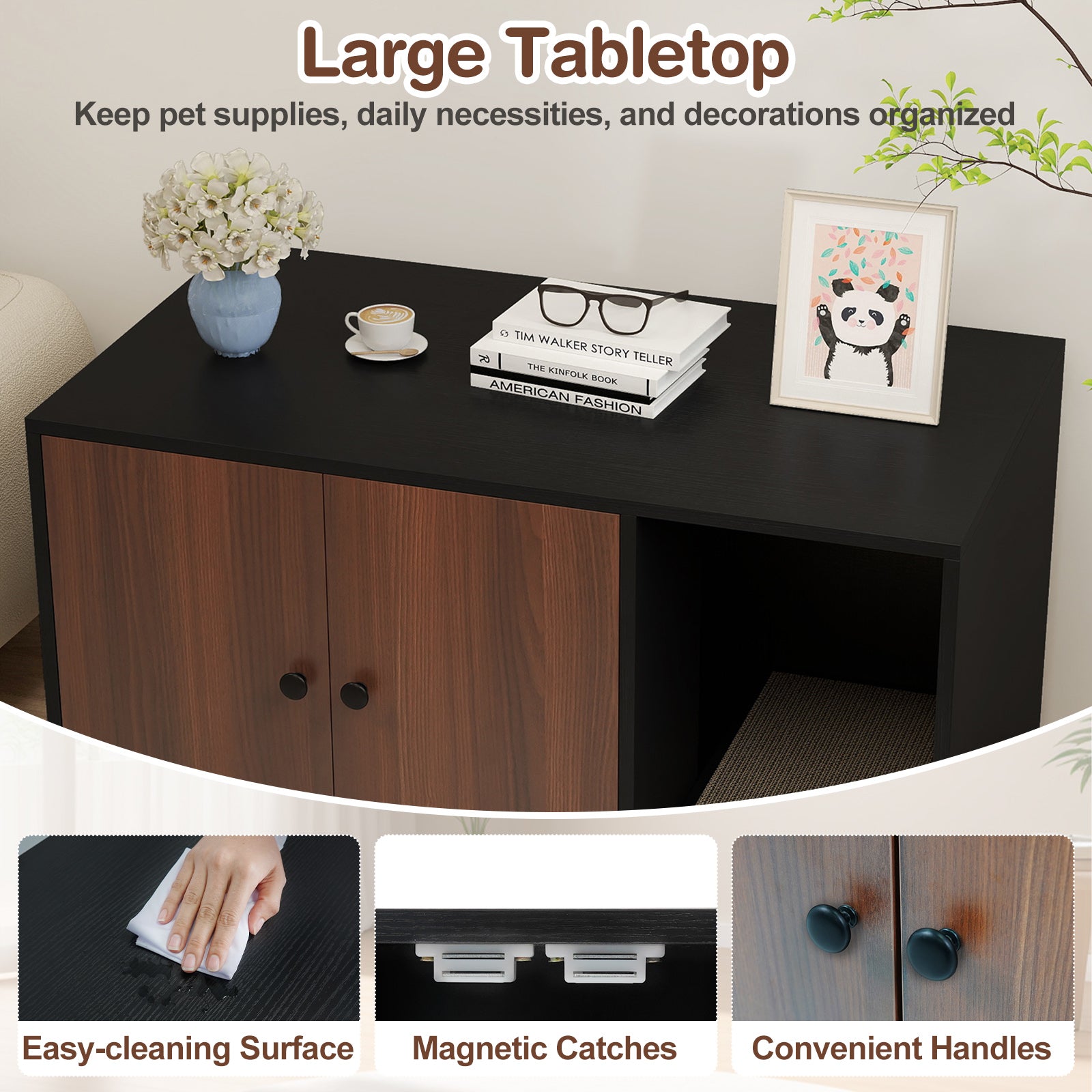 Wooden Cat Litter Box Enclosure Hidden Litter Box Furniture with Scratching Board-Black