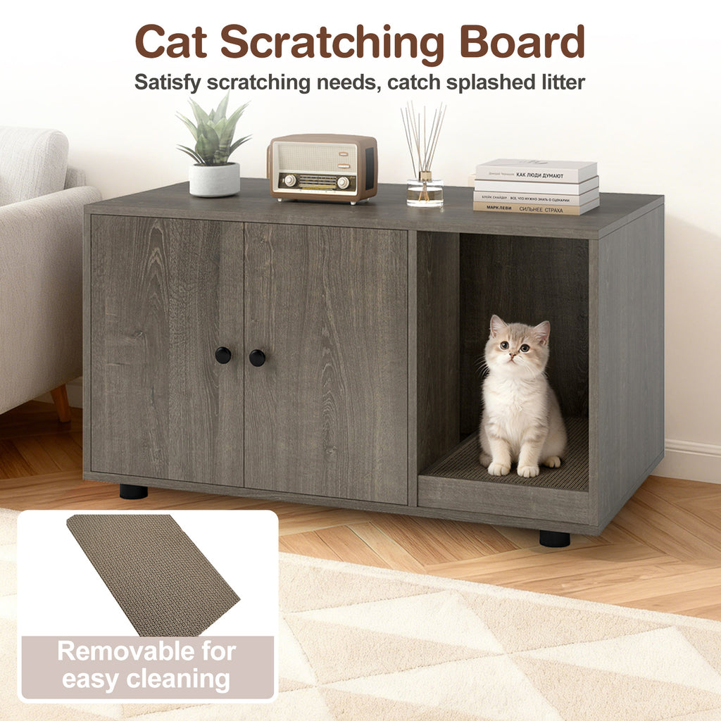 Wooden Cat Litter Box Enclosure Hidden Litter Box Furniture with Scratching Board-Oak