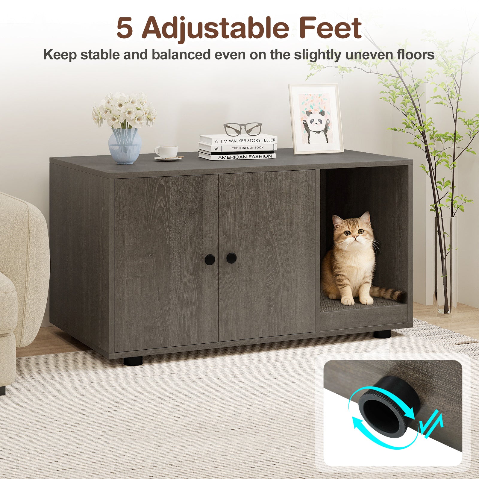 Wooden Cat Litter Box Enclosure Hidden Litter Box Furniture with Scratching Board-Oak
