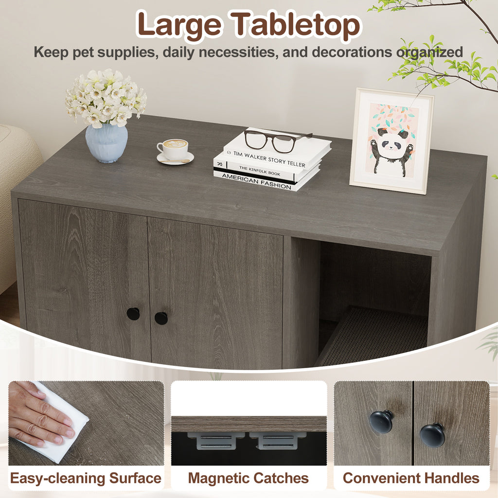 Wooden Cat Litter Box Enclosure Hidden Litter Box Furniture with Scratching Board-Oak