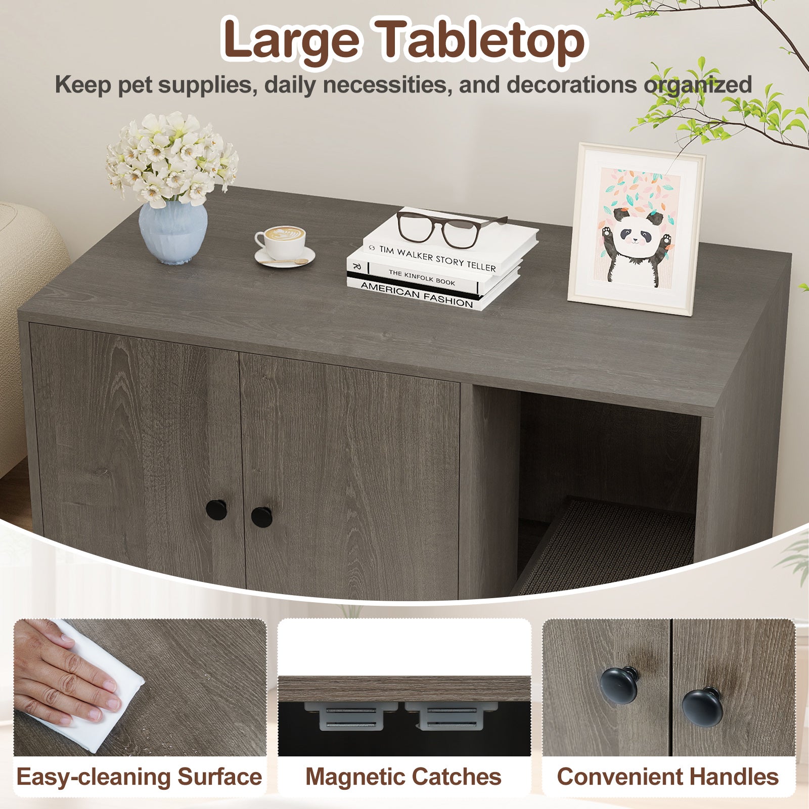 Wooden Cat Litter Box Enclosure Hidden Litter Box Furniture with Scratching Board-Oak