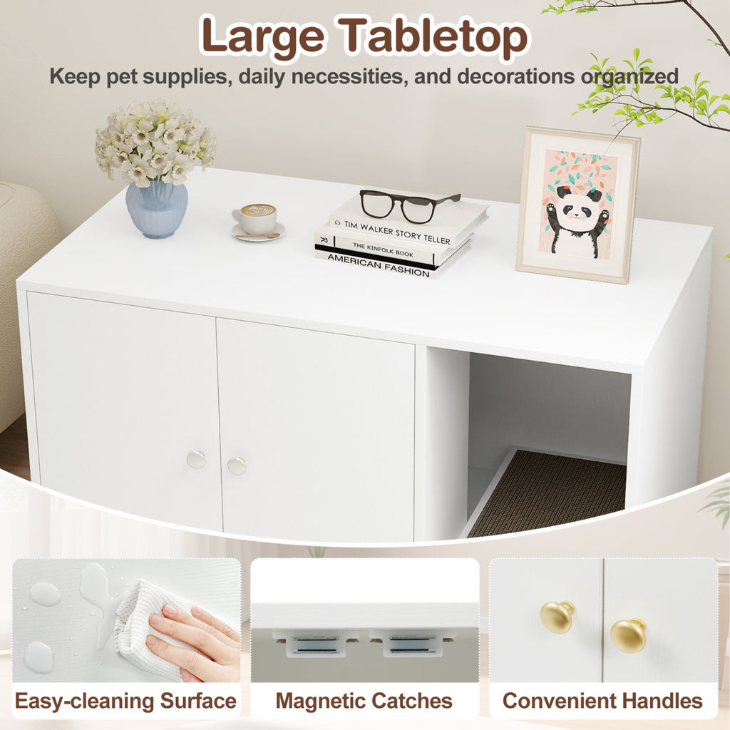 Wooden Cat Litter Box Enclosure Hidden Litter Box Furniture with Scratching Board-White