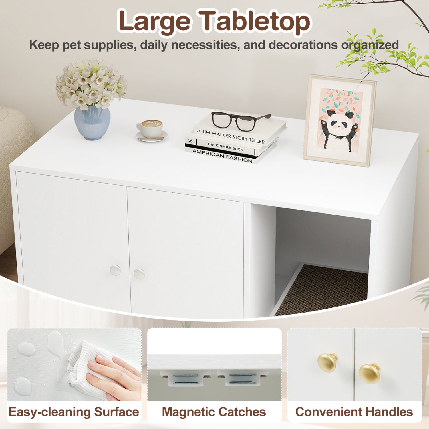 Wooden Cat Litter Box Enclosure Hidden Litter Box Furniture with Scratching Board-White