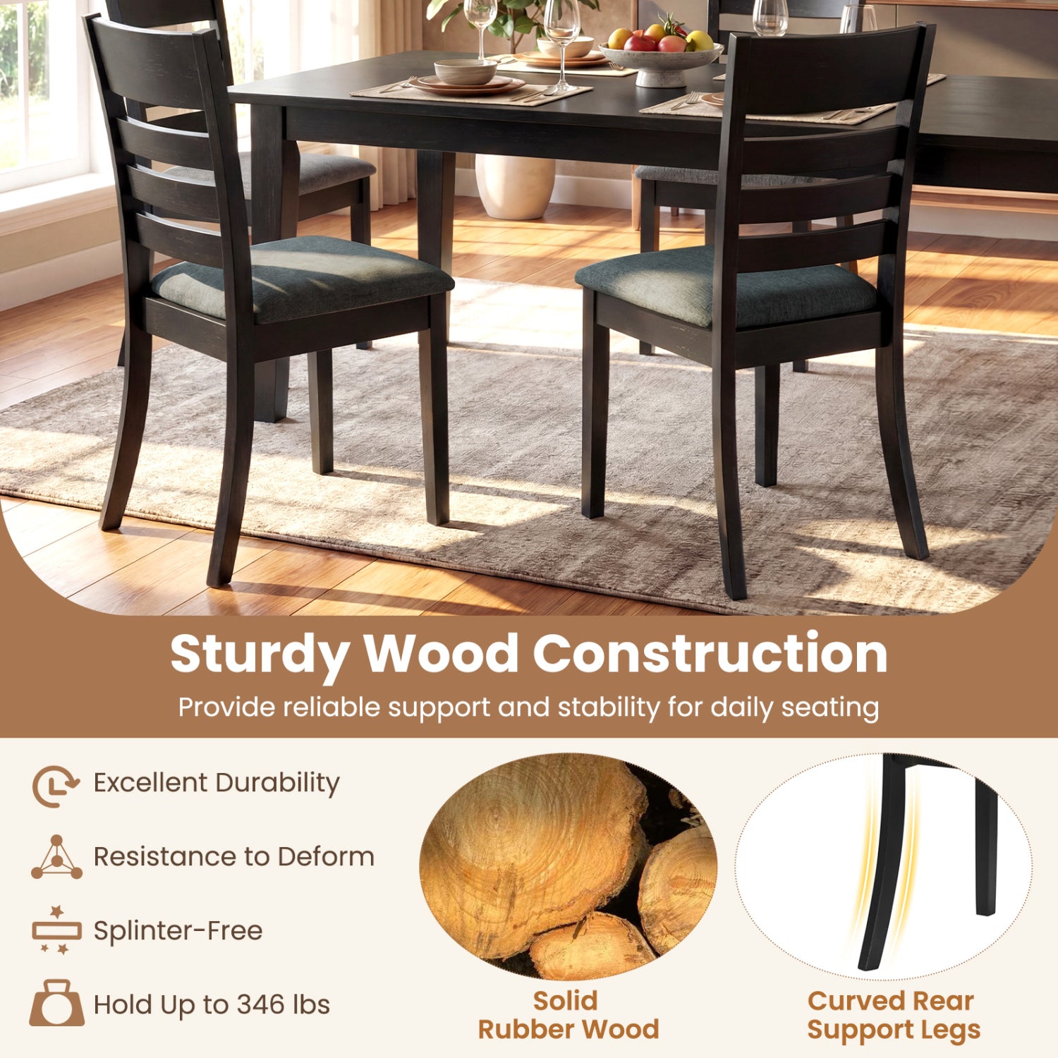 Wooden Dining Chairs Set of 2 Upholstered Kitchen Chairs with Rubber Wood Frame-Black