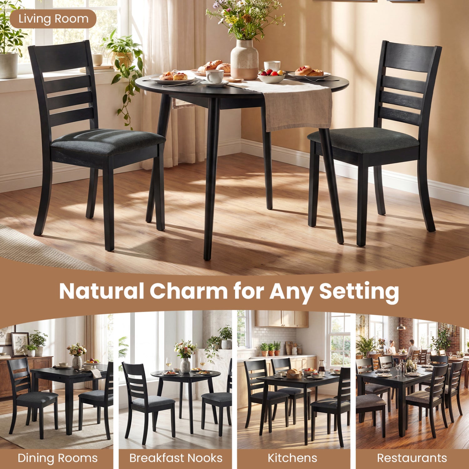 Wooden Dining Chairs Set of 2 Upholstered Kitchen Chairs with Rubber Wood Frame-Black