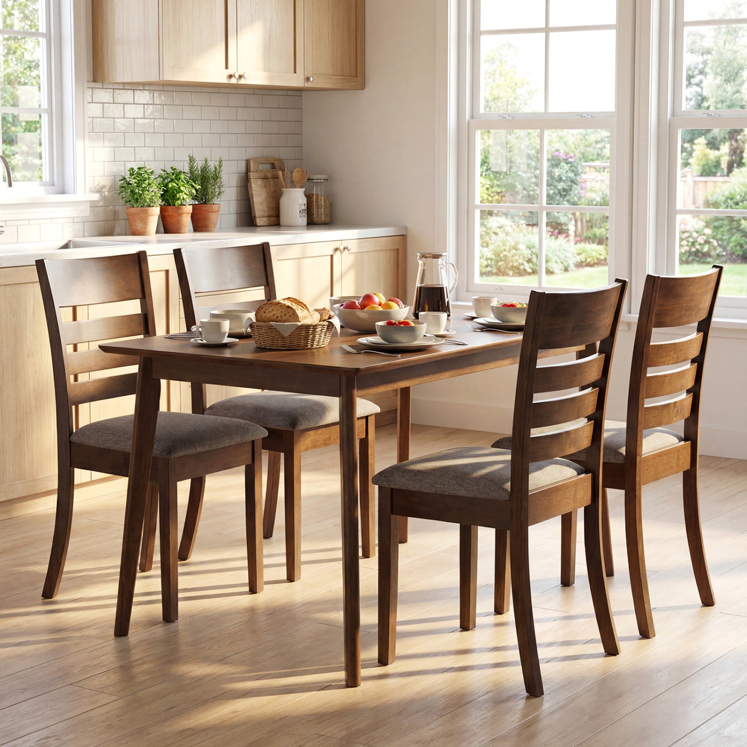 Wooden Dining Chairs Set of 2 Upholstered Kitchen Chairs with Rubber Wood Frame-Brown