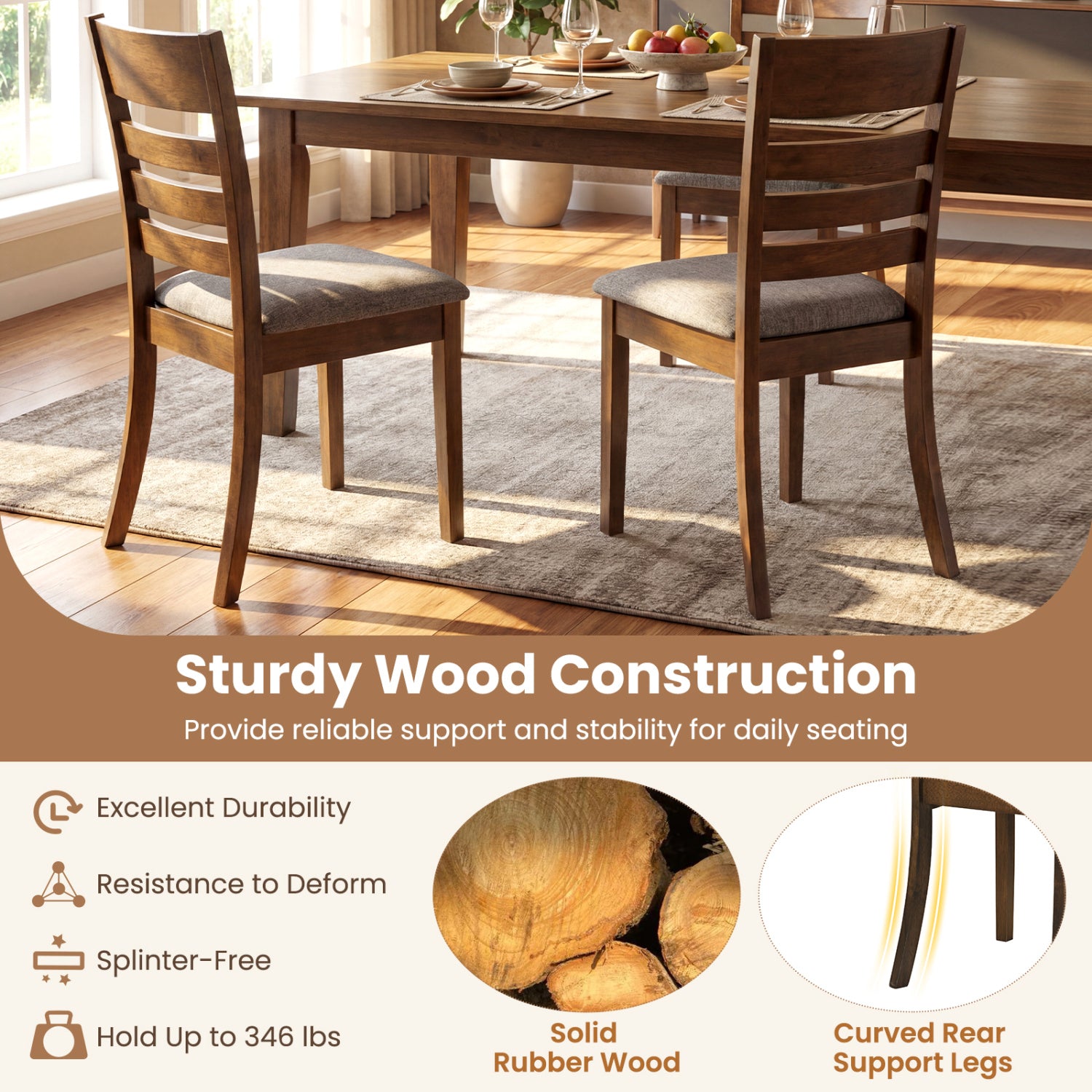 Wooden Dining Chairs Set of 2 Upholstered Kitchen Chairs with Rubber Wood Frame-Brown