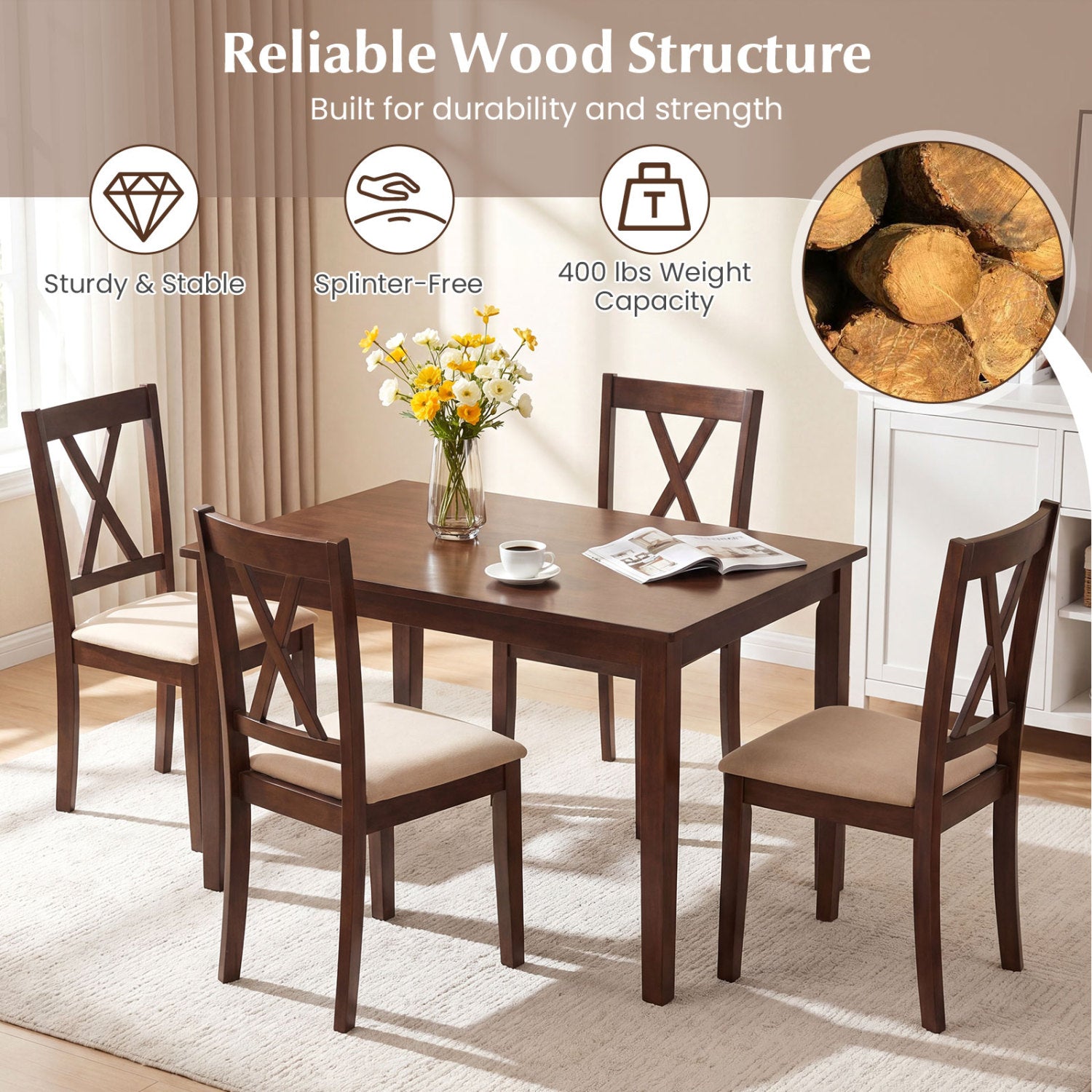 Wooden Dining Chairs Set of 4 Fabric Upholstered Kitchen Chairs-Walnut