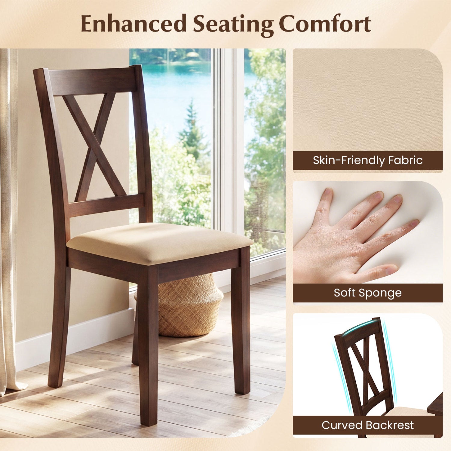 Wooden Dining Chairs Set of 4 Fabric Upholstered Kitchen Chairs-Walnut