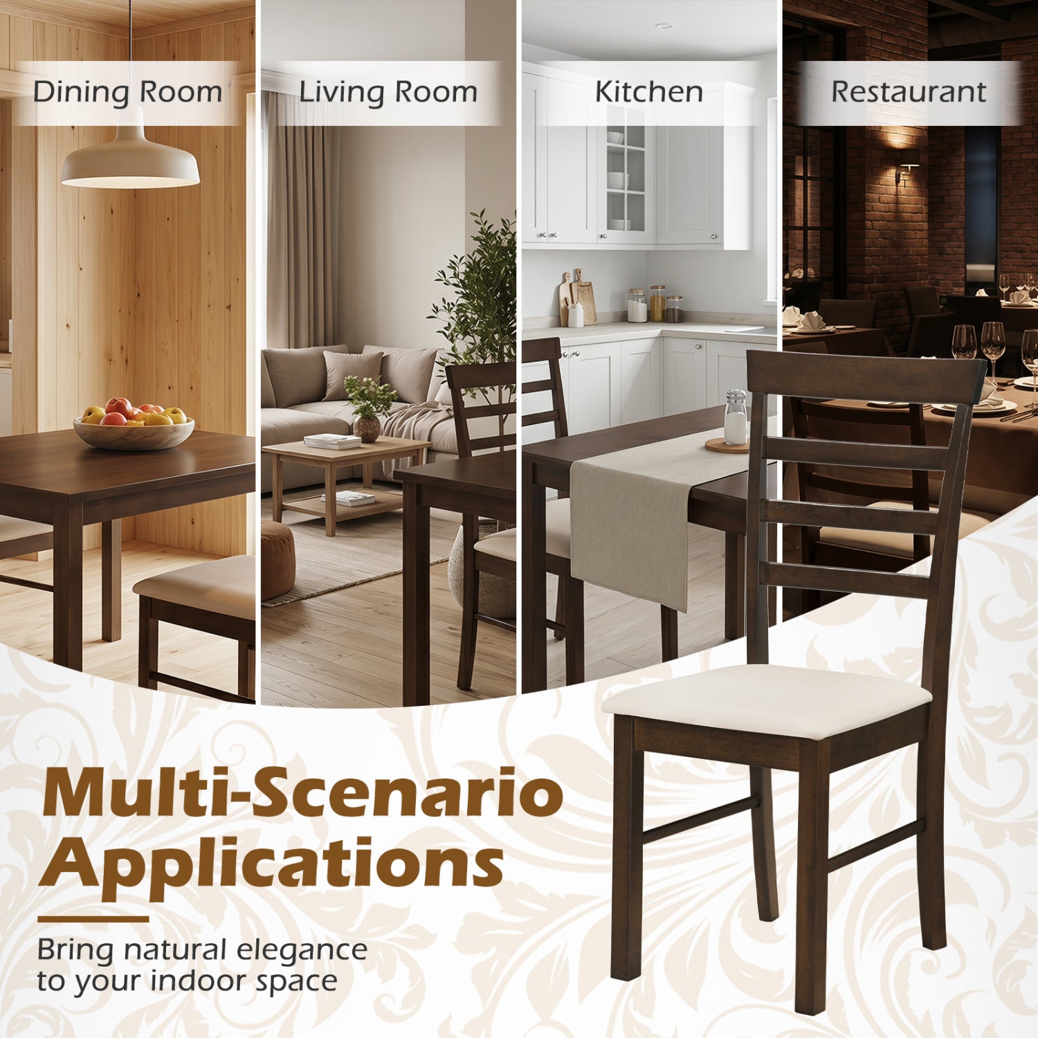Wooden Dining Chairs Set of 4 with Fabric Cushion for Dining Room-Brown
