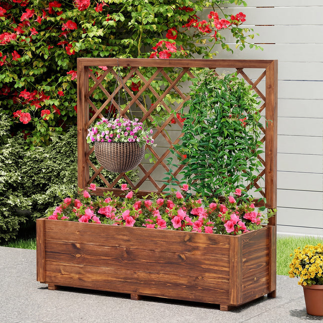 Wooden Elevated Raised Garden Bed with Lattice Trelliswith Drainage Holes-Orange