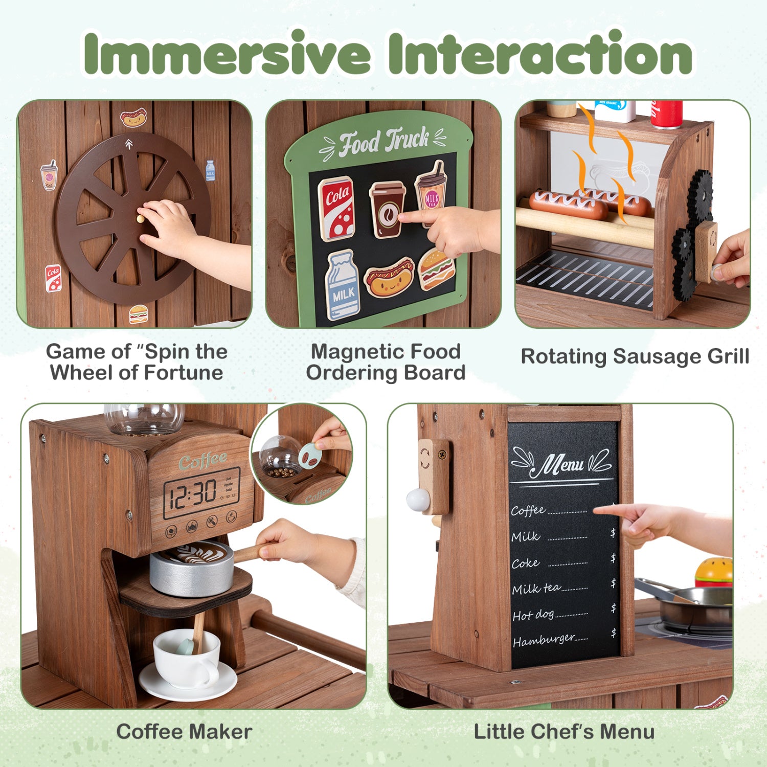 Wooden Grocery Store Playset for Kids with Large Wheels