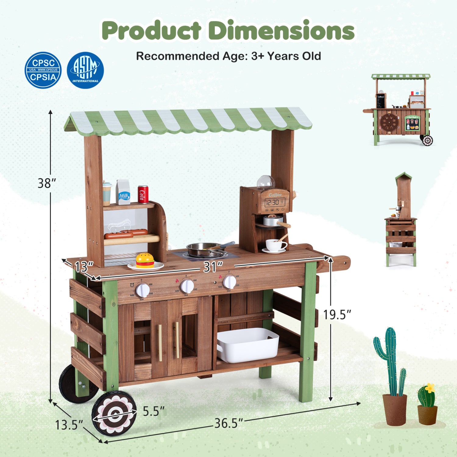Wooden Grocery Store Playset for Kids with Large Wheels