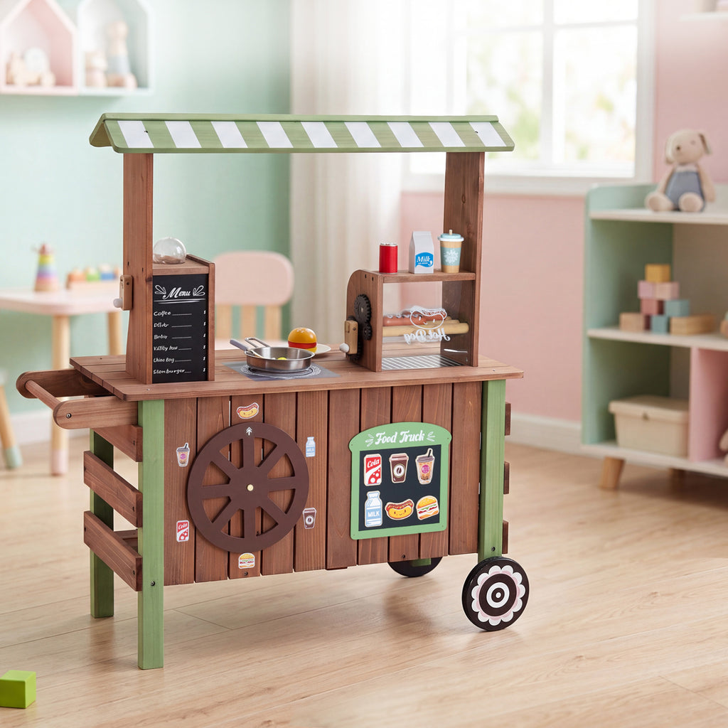 Wooden Grocery Store Playset for Kids with Large Wheels