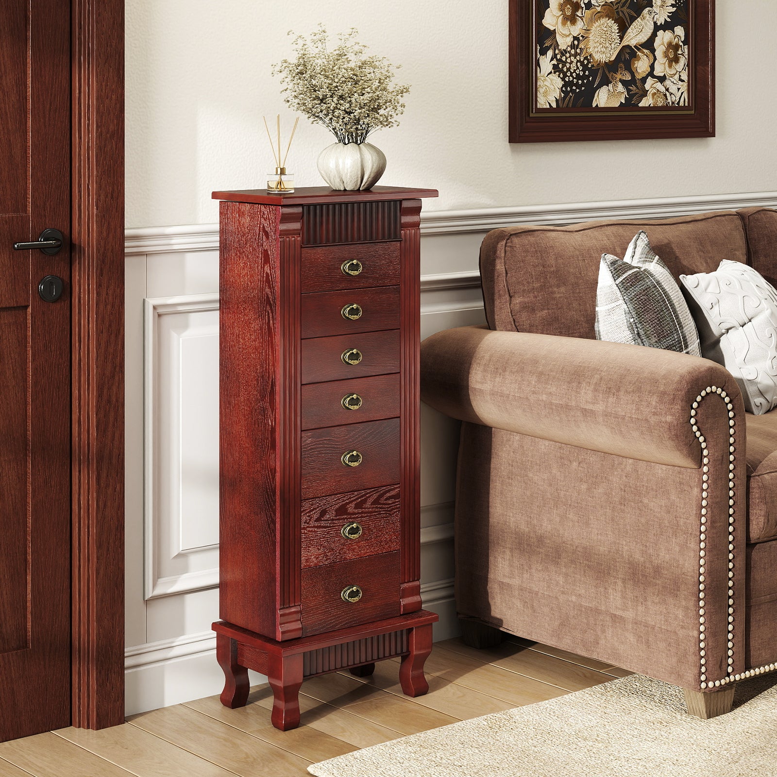 Wooden Jewelry Armoire Cabinet Storage Chest with Drawers and Swing Doors-Brown