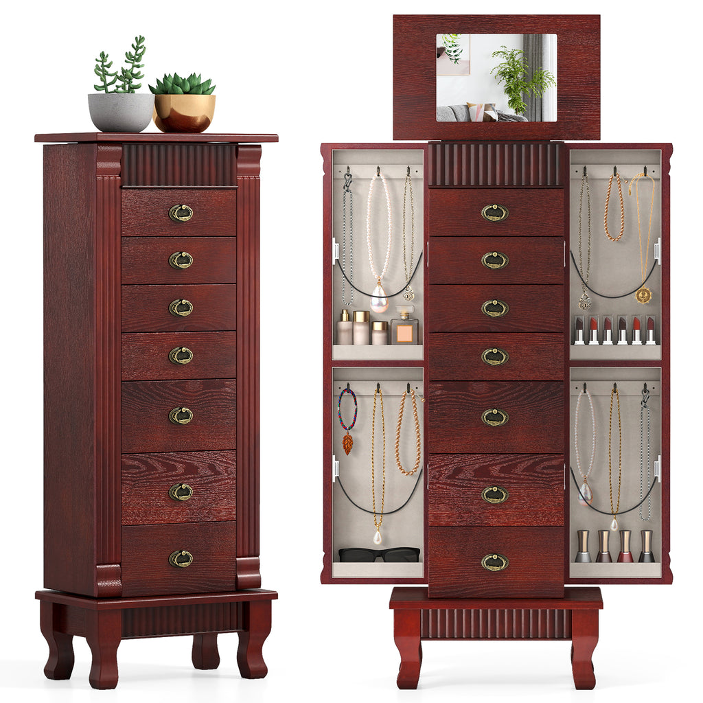 Wooden Jewelry Armoire Cabinet Storage Chest with Drawers and Swing Doors-Brown