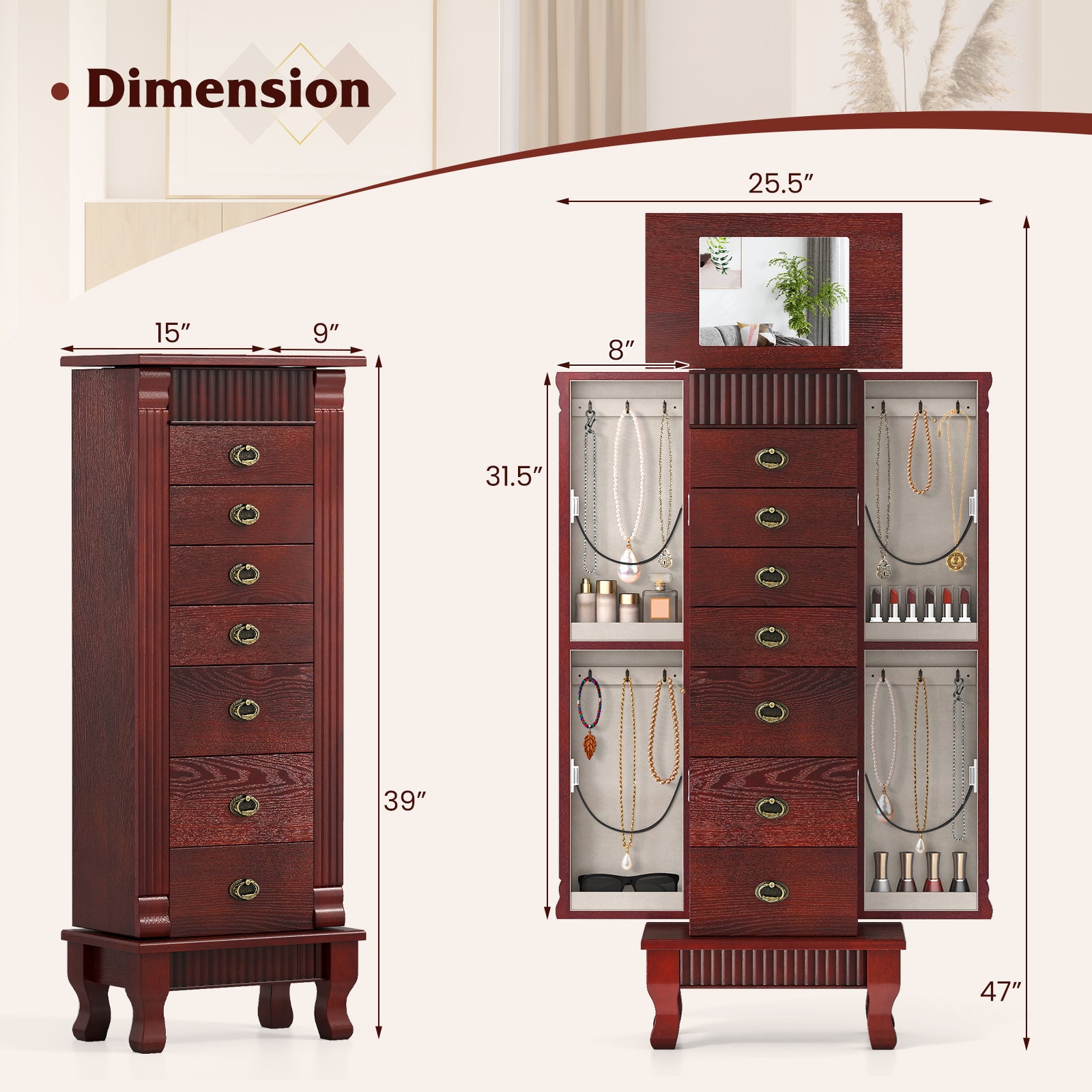 Wooden Jewelry Armoire Cabinet Storage Chest with Drawers and Swing Doors-Brown