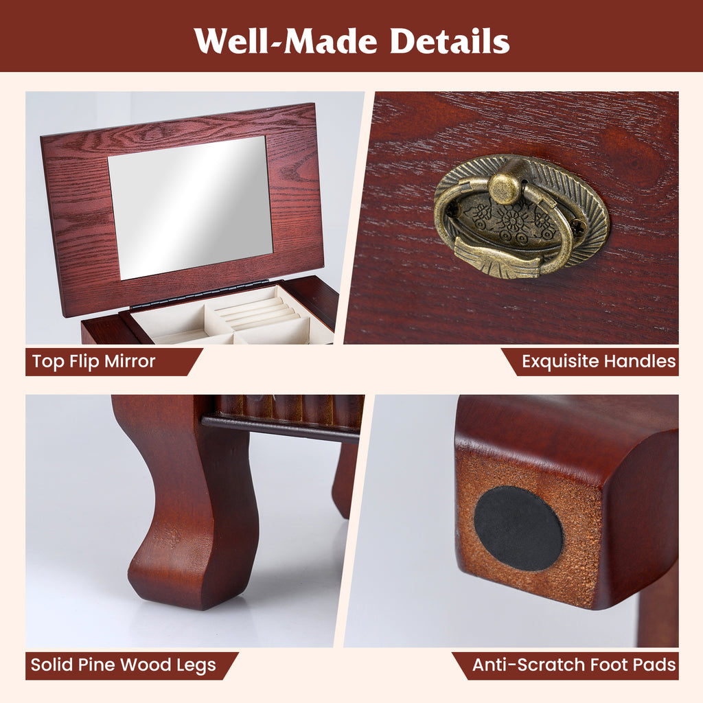 Wooden Jewelry Armoire Cabinet Storage Chest with Drawers and Swing Doors-Brown