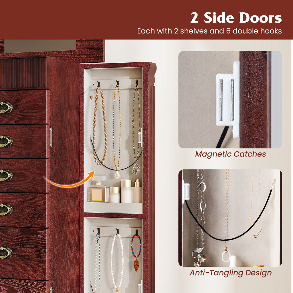 Wooden Jewelry Armoire Cabinet Storage Chest with Drawers and Swing Doors-Brown