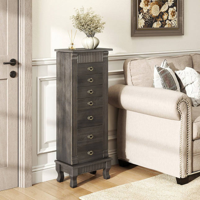 Wooden Jewelry Armoire Cabinet Storage Chest with Drawers and Swing Doors-Gray