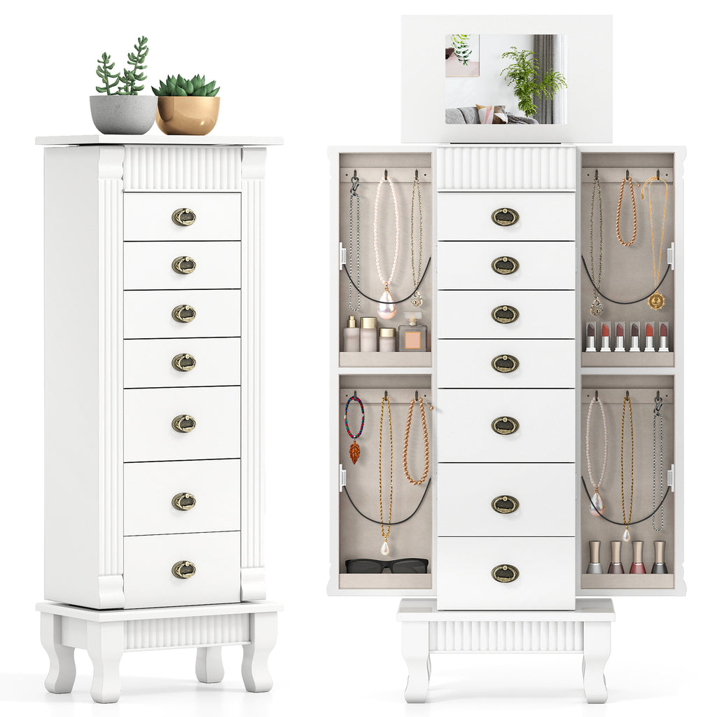 Wooden Jewelry Armoire Cabinet Storage Chest with Drawers and Swing Doors-White