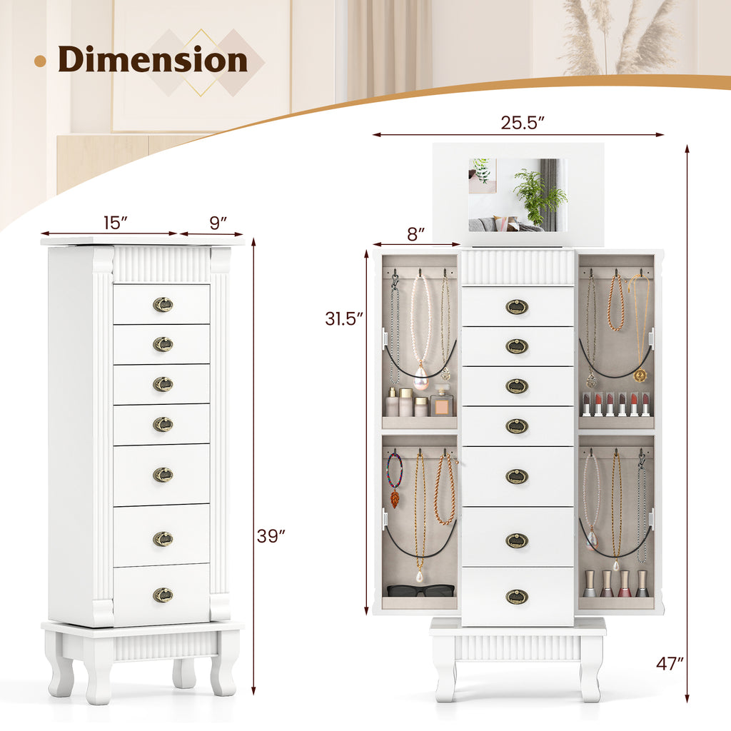 Wooden Jewelry Armoire Cabinet Storage Chest with Drawers and Swing Doors-White