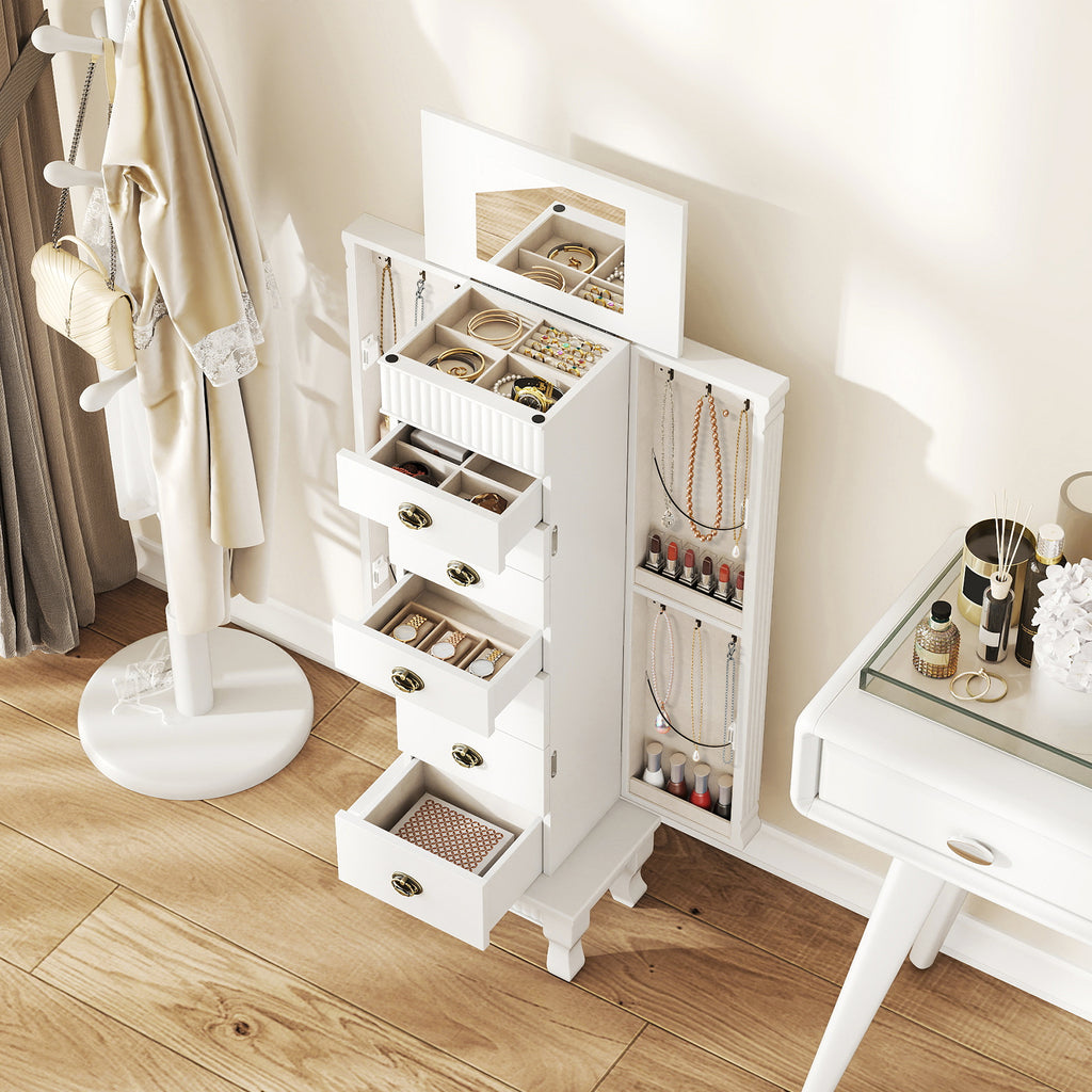 Wooden Jewelry Armoire Cabinet Storage Chest with Drawers and Swing Doors-White