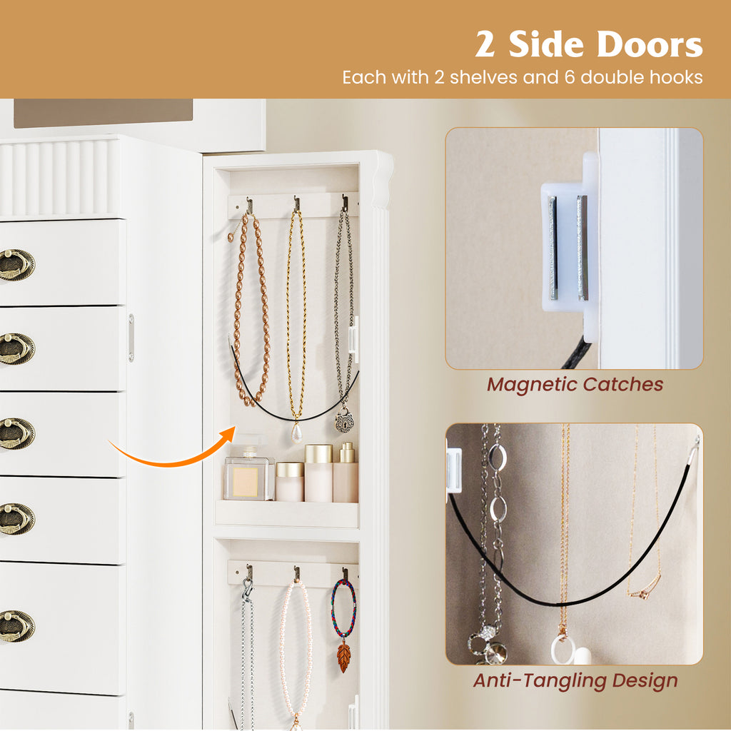 Wooden Jewelry Armoire Cabinet Storage Chest with Drawers and Swing Doors-White