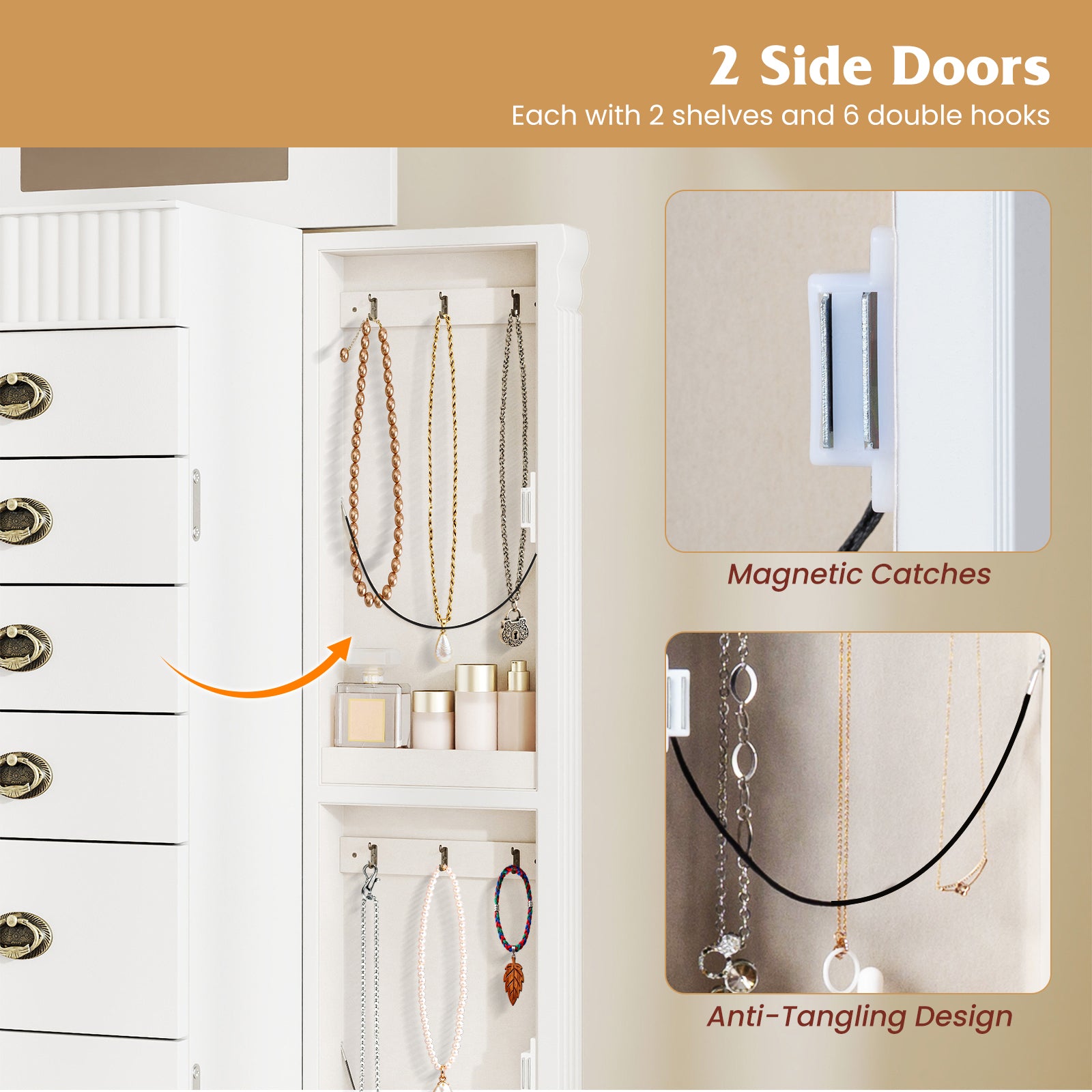 Wooden Jewelry Armoire Cabinet Storage Chest with Drawers and Swing Doors-White